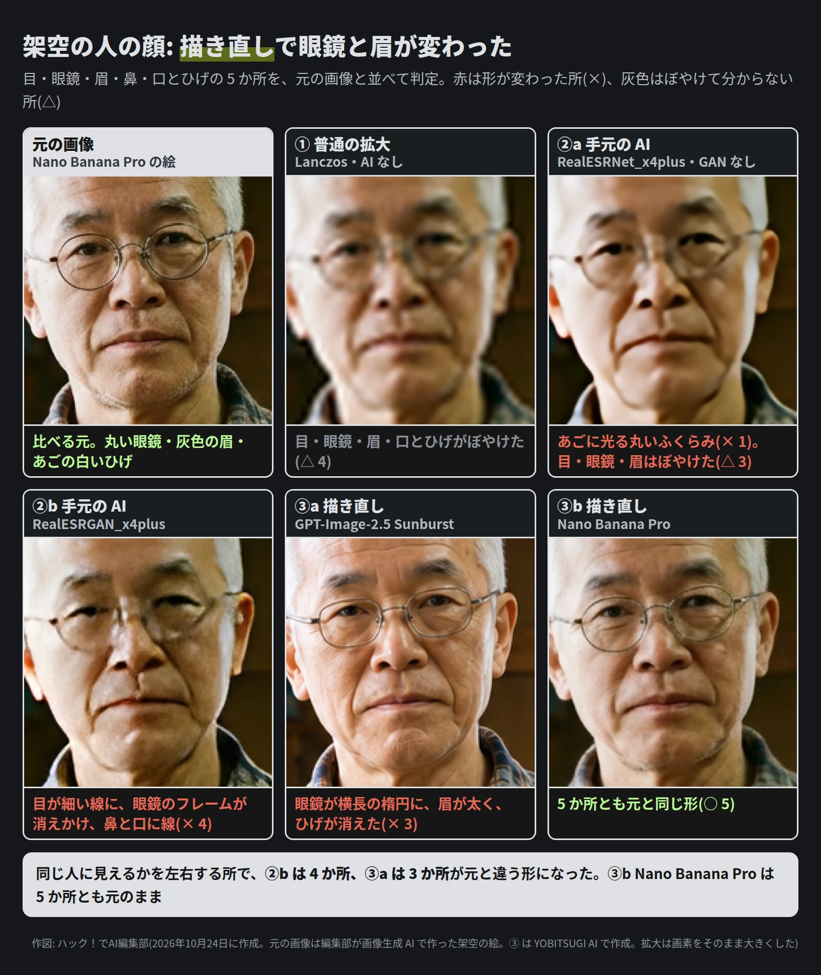 6 枚の顔。元の画像は丸い眼鏡と灰色の眉、あごに白いひげ。① 普通の拡大は全体がぼやけた。②a は少しくっきりしたが、あごに光る丸いふくらみ。②b は目が細い線になり、眼鏡のフレームが肌と混ざって消えかけ、鼻と口に線。③a はくっきりしているが、眼鏡が横長の楕円になり、眉が太く、あごのひげが消えた。③b は丸い眼鏡・眉・ひげが元と同じ