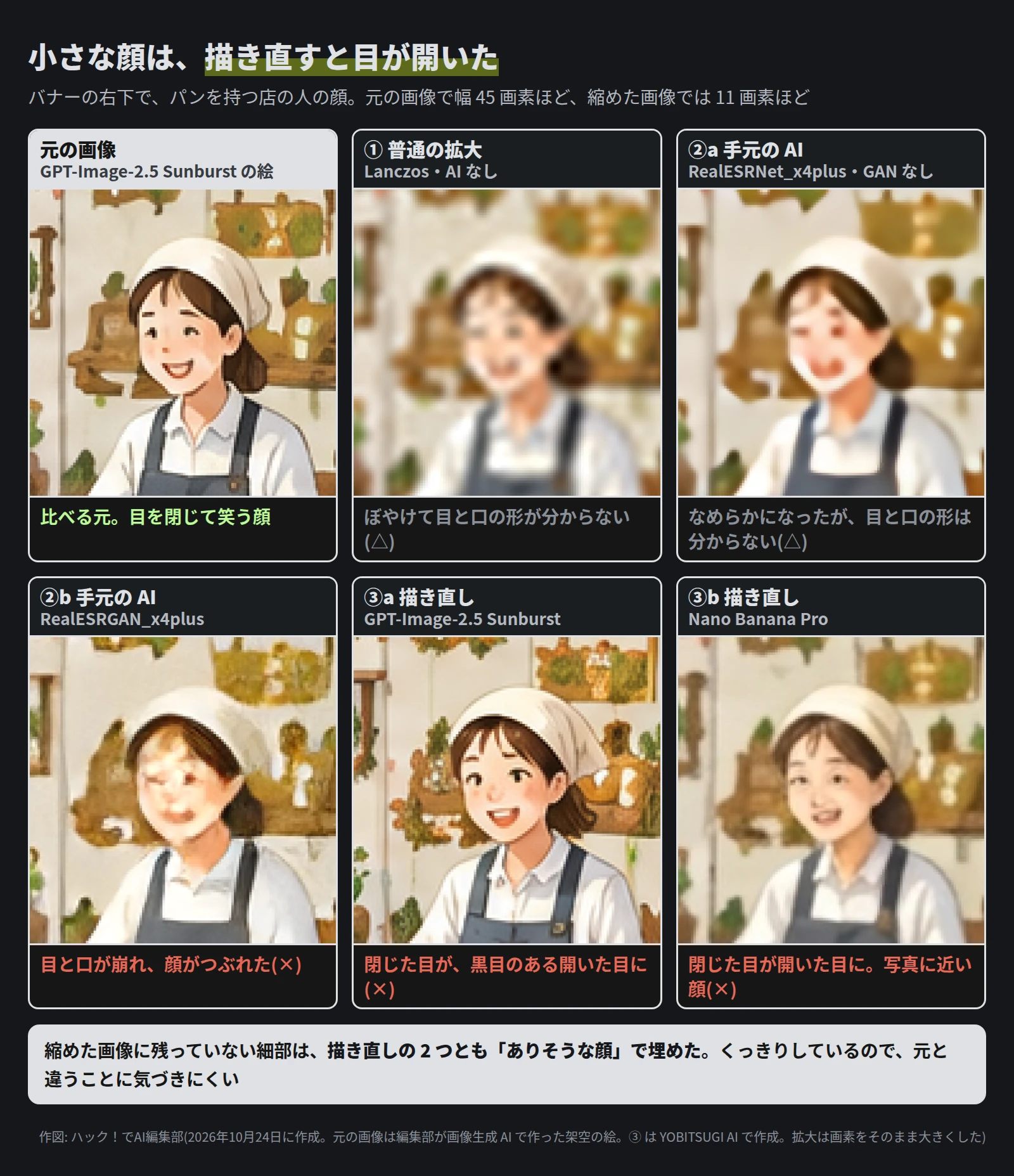6 枚の小さな顔。元の画像は目を閉じて笑う顔。① と ②a はぼやけて目と口の形が分からない。②b は目と口が崩れて顔がつぶれた。③a は黒目のある開いた目で笑う顔、③b も開いた目の、写真に近い顔