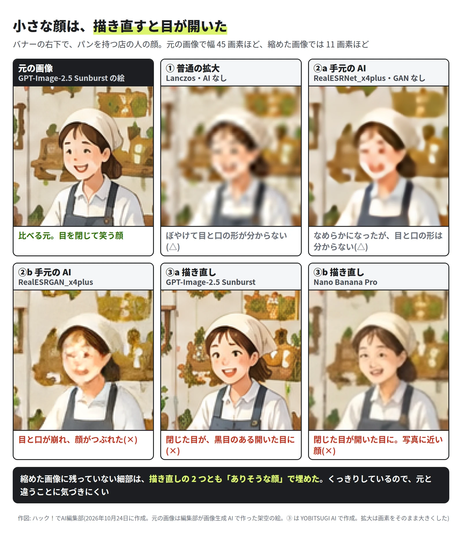 6 枚の小さな顔。元の画像は目を閉じて笑う顔。① と ②a はぼやけて目と口の形が分からない。②b は目と口が崩れて顔がつぶれた。③a は黒目のある開いた目で笑う顔、③b も開いた目の、写真に近い顔