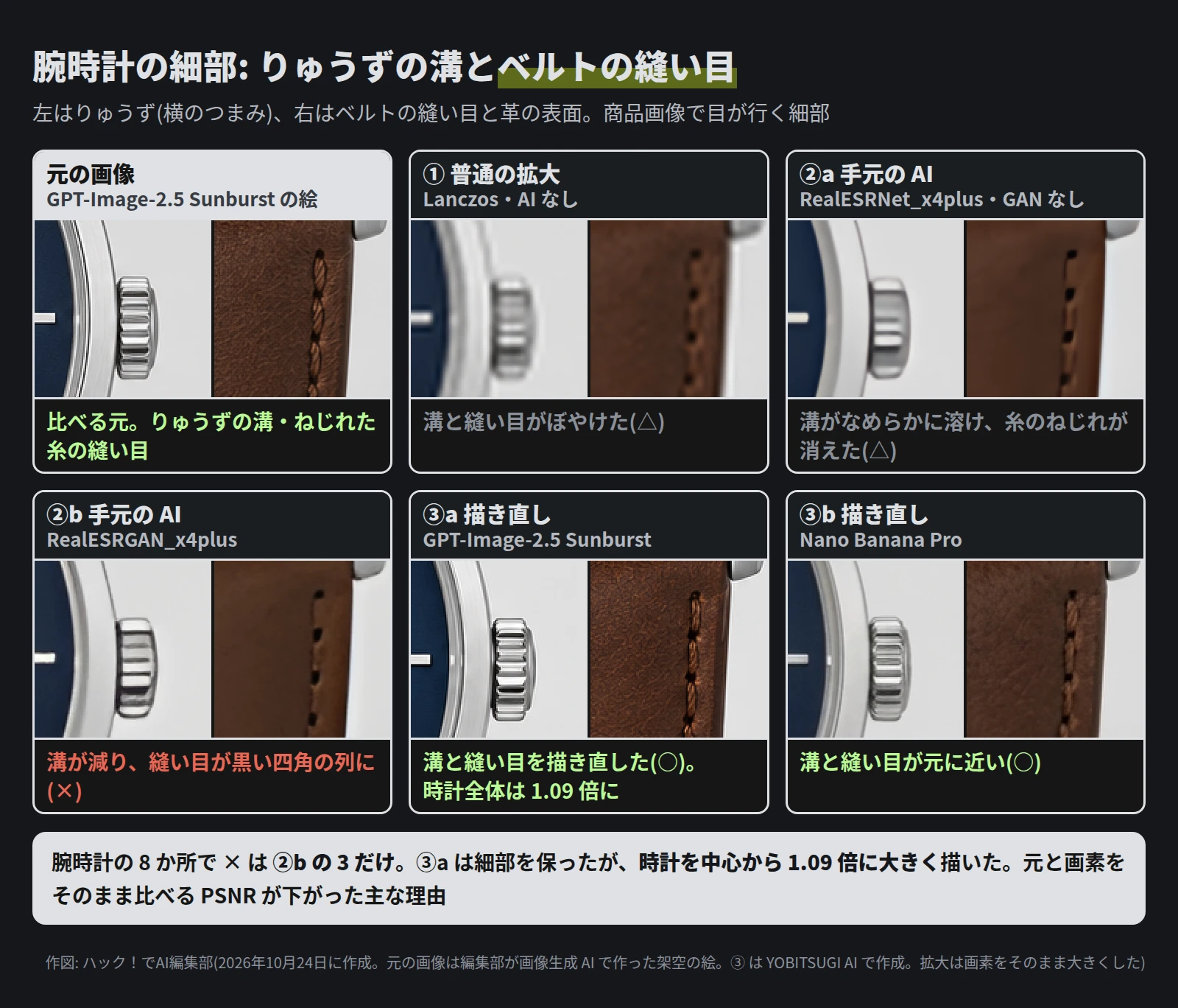 6 組の拡大。元の画像はりゅうずに細かい溝、ベルトにねじれた糸の縫い目。① はぼやけ、②a は溝がなめらかに溶けた。②b は溝が減り、縫い目が黒い四角の列になった。③a と ③b は溝と縫い目がくっきりしている。下に、腕時計の 8 か所で × は ②b の 3 だけ、③a は時計を中心から 1.09 倍に大きく描いた、と書いてある