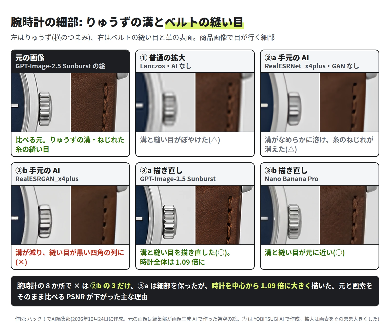 6 組の拡大。元の画像はりゅうずに細かい溝、ベルトにねじれた糸の縫い目。① はぼやけ、②a は溝がなめらかに溶けた。②b は溝が減り、縫い目が黒い四角の列になった。③a と ③b は溝と縫い目がくっきりしている。下に、腕時計の 8 か所で × は ②b の 3 だけ、③a は時計を中心から 1.09 倍に大きく描いた、と書いてある