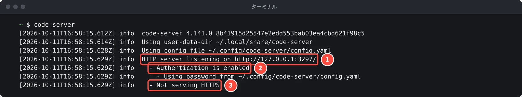 code-server 4.141.0 の起動の記録に、Using config file ~/.config/code-server/config.yaml、HTTP server listening on http://127.0.0.1:3297/、Authentication is enabled、Not serving HTTPS が表示されている