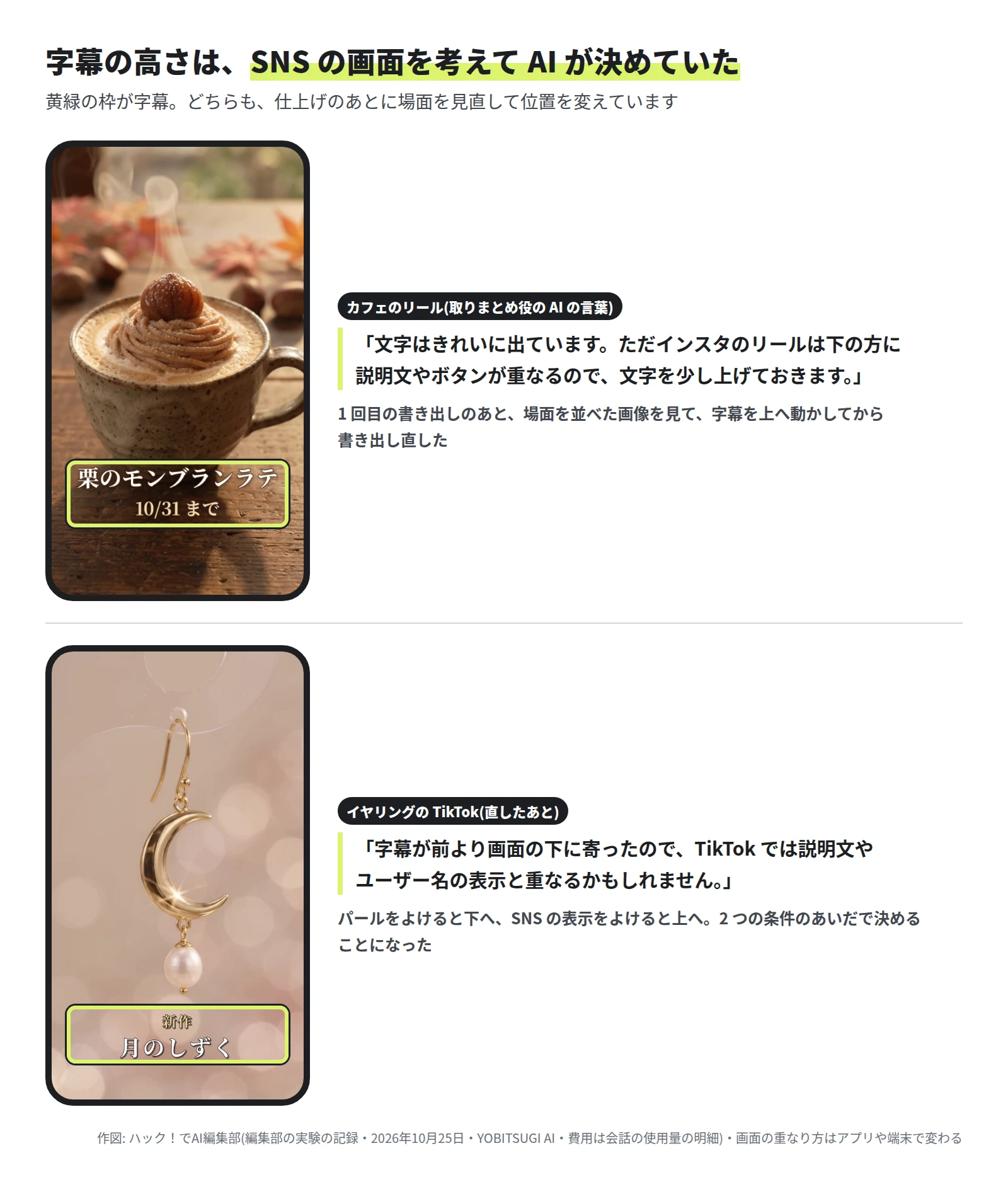 縦長の画面 2 つ。カフェのリールでは字幕が下の端より少し上にあり、AI の言葉「インスタのリールは下の方に説明文やボタンが重なるので、文字を少し上げておきます」。イヤリングの TikTok では直したあと字幕が下寄りになり、AI の言葉「TikTok では説明文やユーザー名の表示と重なるかもしれません」