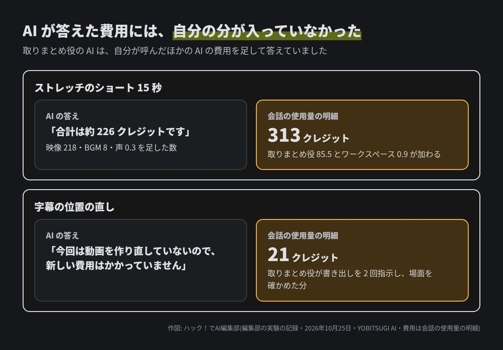 比べの図。ストレッチの 1 本で、AI の答えは「合計は約 226 クレジットです」、明細は 313 クレジット(取りまとめ役 85.5 とワークスペース 0.9 が加わる)。字幕の直しで、AI の答えは「新しい費用はかかっていません」、明細は 21 クレジット
