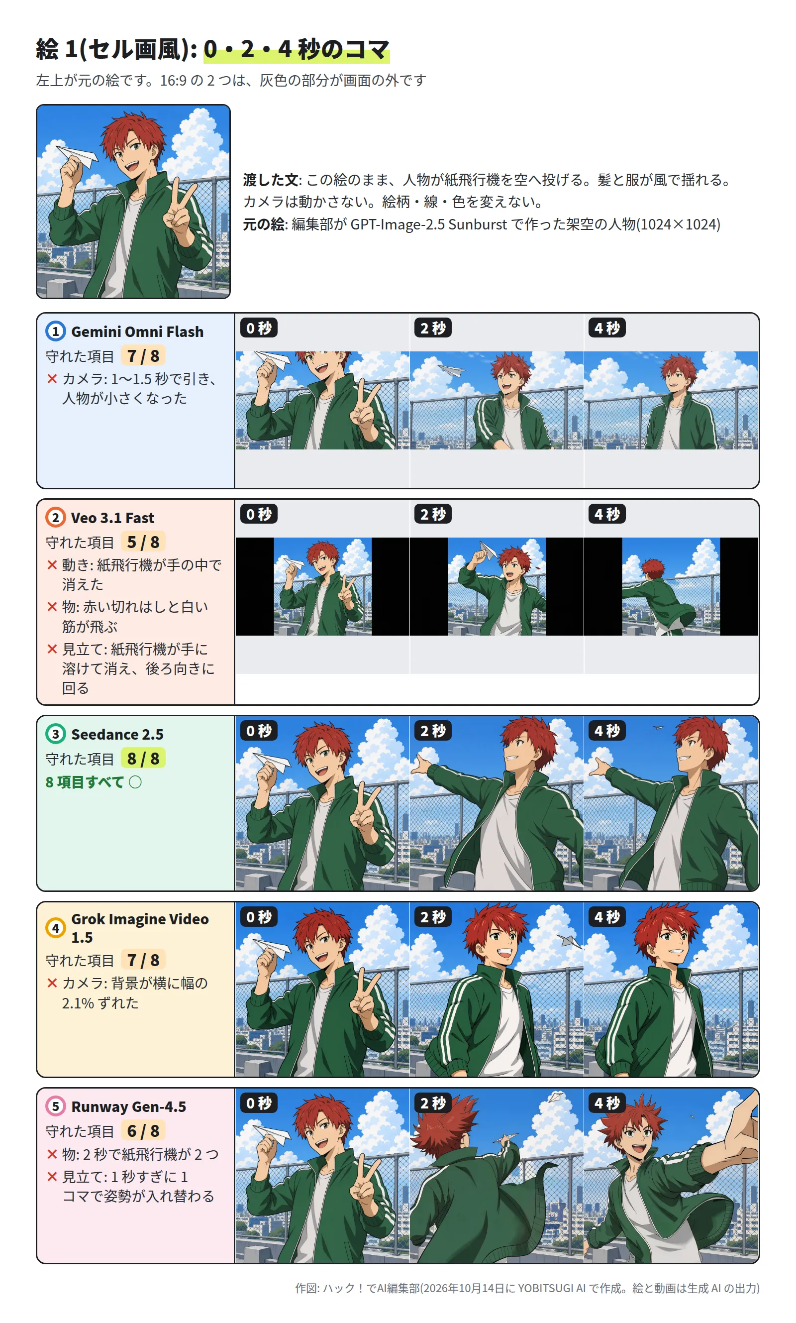 左上に元の絵。その下に 5 段で、各モデルの 0 秒・2 秒・4 秒のコマ。Gemini Omni Flash は 7 / 8 で、16:9 の画面に上下を切って入り、2 秒には画面が引いて人物が小さく、紙飛行機は空に。Veo 3.1 Fast は 5 / 8 で、16:9 の左右に黒い帯、4 秒は後ろ姿で紙飛行機が無い。Seedance 2.5 は 8 / 8 で、2 秒と 4 秒は腕を前に伸ばし、紙飛行機は空の遠くに小さく。Grok Imagine Video 1.5 は 7 / 8 で、2 秒は紙飛行機が空に、背景が少し横にずれる。Runway Gen-4.5 は 6 / 8 で、2 秒は後ろ姿で手に紙飛行機を持ち、空にも紙飛行機がある