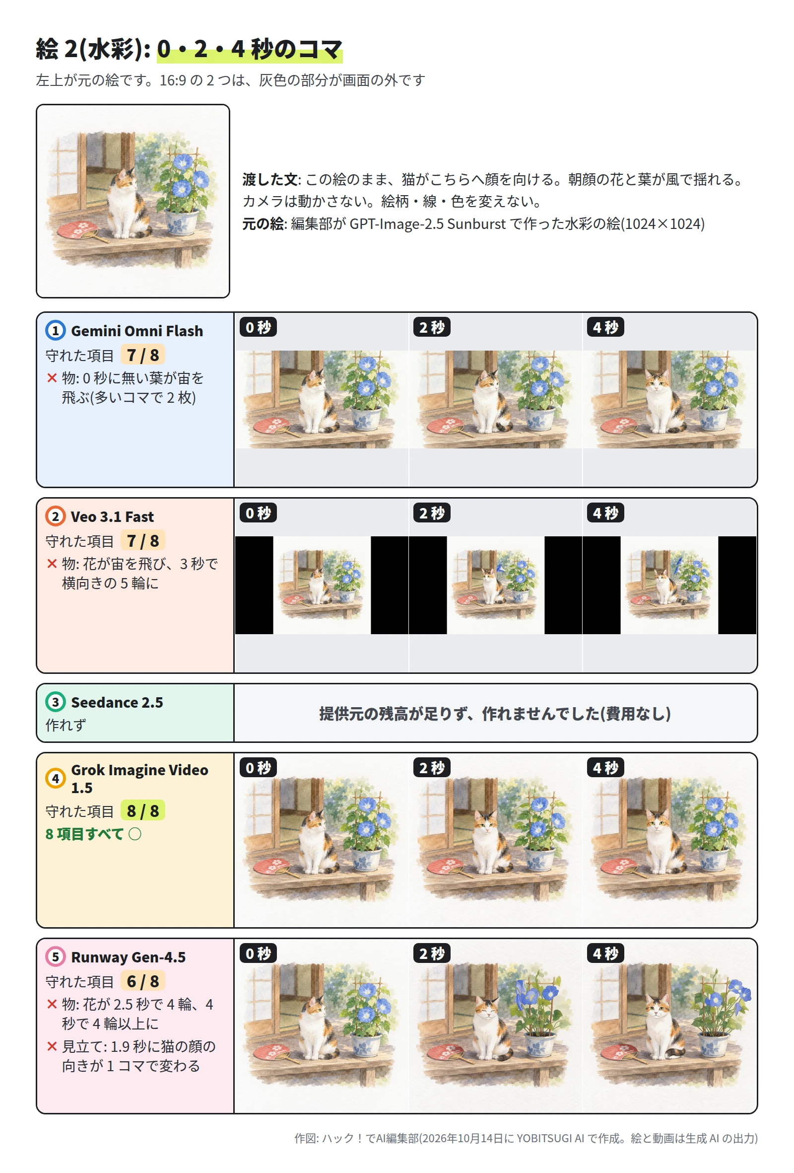 左上に元の絵。その下に 5 段で、各モデルの 0 秒・2 秒・4 秒のコマ。Gemini Omni Flash は 7 / 8 で、4 秒は猫が正面を向く。Veo 3.1 Fast は 7 / 8 で、左右に黒い帯があり、4 秒は朝顔の左の宙に横向きの花が 2 輪ある。Seedance 2.5 は、提供元の残高が足りず作れなかった。Grok Imagine Video 1.5 は 8 / 8 で、2 秒から猫が正面を向き、花は 3 輪のまま。Runway Gen-4.5 は 6 / 8 で、2 秒は猫が目を閉じ、朝顔の花と葉の形が変わる