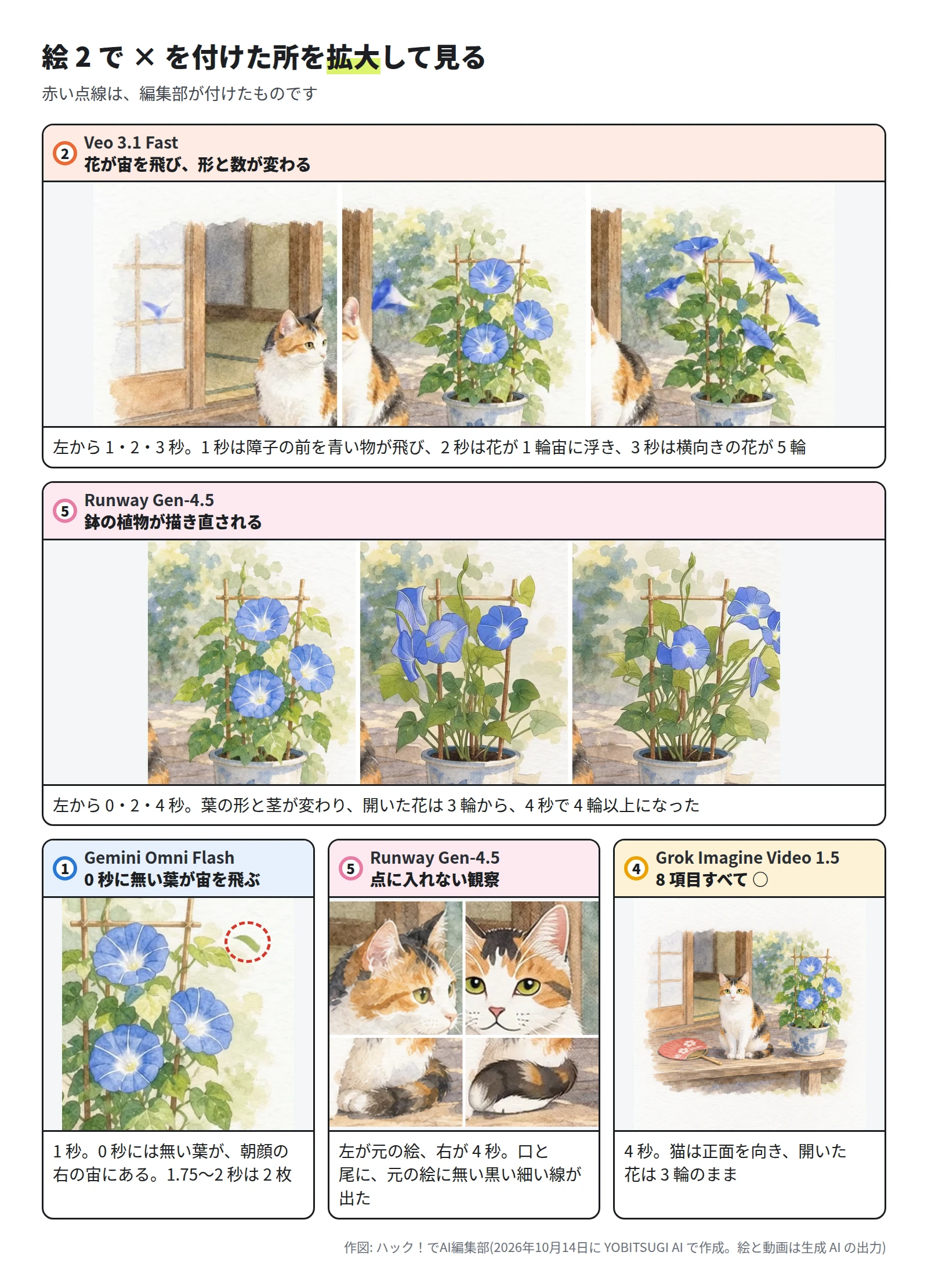 上の段は Veo 3.1 Fast の 1・2・3 秒で、障子の前を青い物が飛び、2 秒は花が 1 輪宙に浮き、3 秒は横向きの花が 5 輪。中の段は Runway Gen-4.5 の 0・2・4 秒で、葉の形と茎が変わり、開いた花が 4 秒で 4 輪以上。下の段は、Gemini Omni Flash の 1 秒で朝顔の右の宙に葉が 1 枚(1.75〜2 秒は 2 枚)、Runway Gen-4.5 の 4 秒で猫の口と尾に元の絵に無い黒い細い線、Grok Imagine Video 1.5 の 4 秒で正面を向いた猫と 3 輪の花