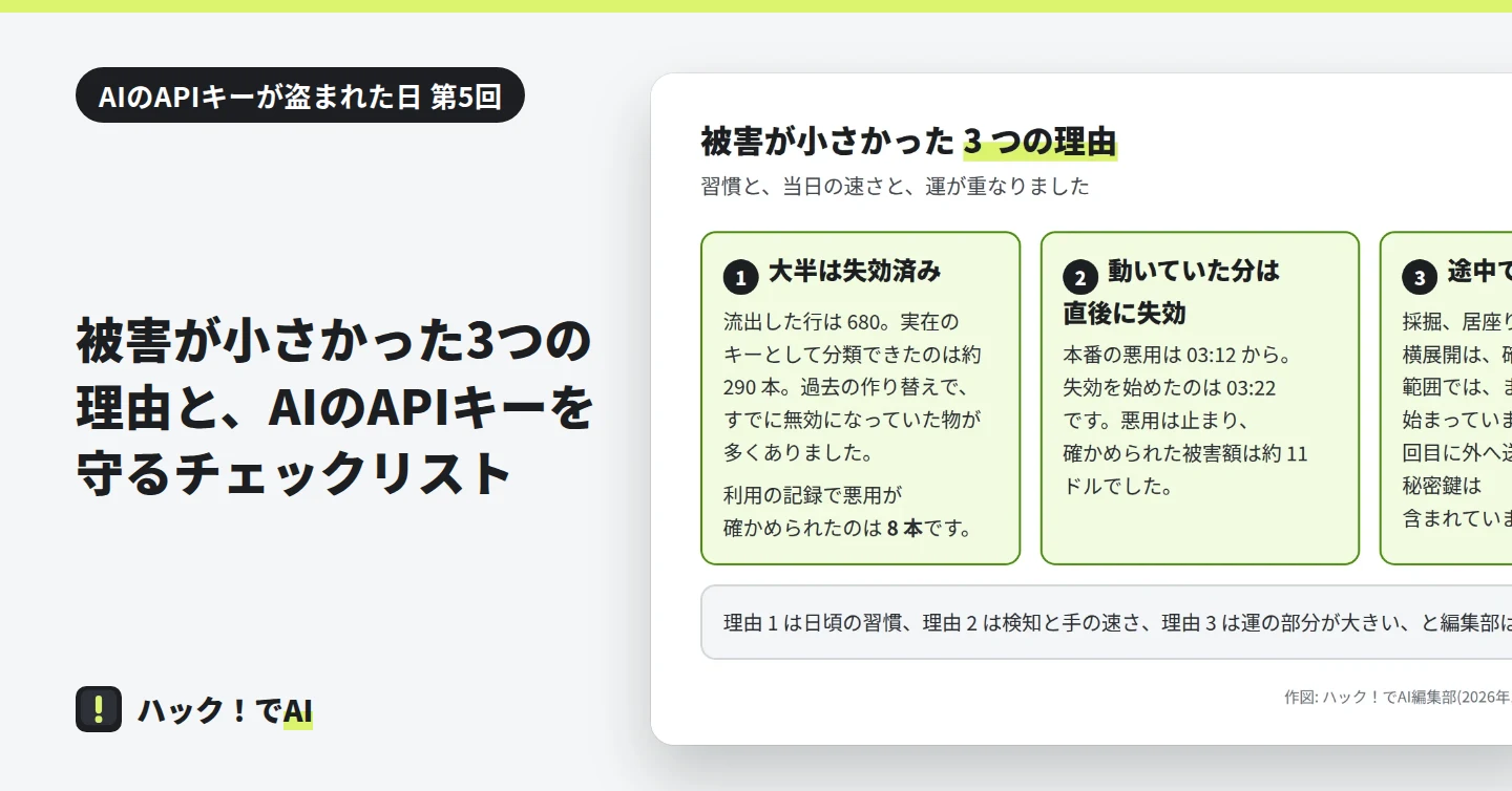 表紙。連載「AIのAPIキーが盗まれた日」第 5 回。被害が小さかった 3 つの理由の図