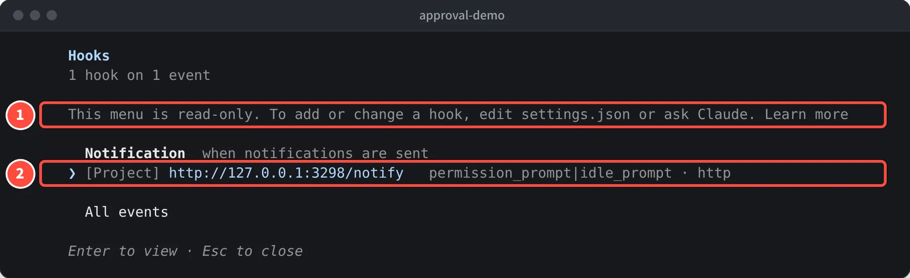 Hooks、1 hook on 1 event、This menu is read-only. To add or change a hook, edit settings.json or ask Claude. の文と、Notification の下に [Project] http://127.0.0.1:3298/notify permission_prompt|idle_prompt · http が表示されている