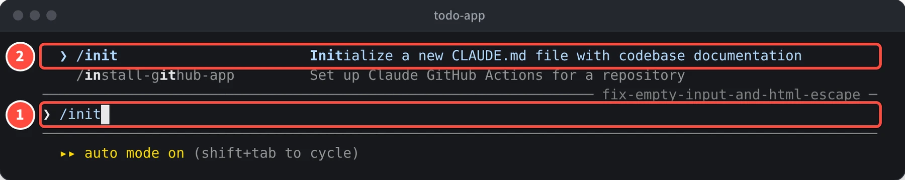 入力欄に /init と入力され、その上に /init Initialize a new CLAUDE.md file with codebase documentation という候補が表示されている