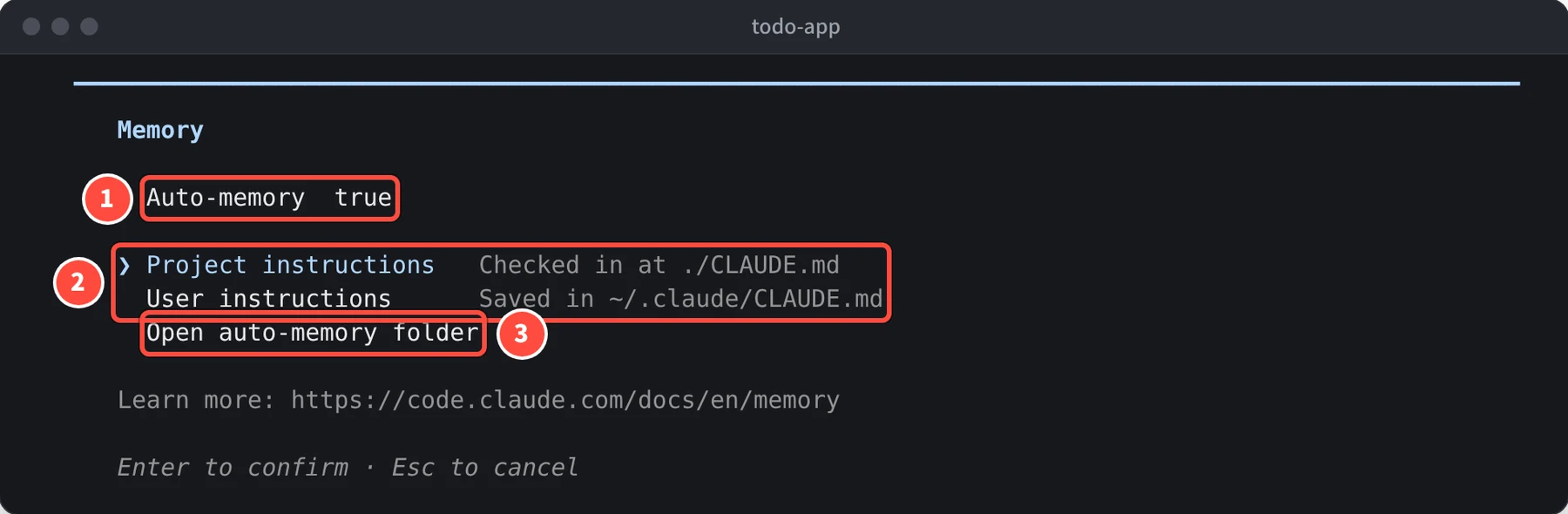 Memory の画面に Auto-memory true、Project instructions Checked in at ./CLAUDE.md、User instructions Saved in ~/.claude/CLAUDE.md、Open auto-memory folder が並んでいる