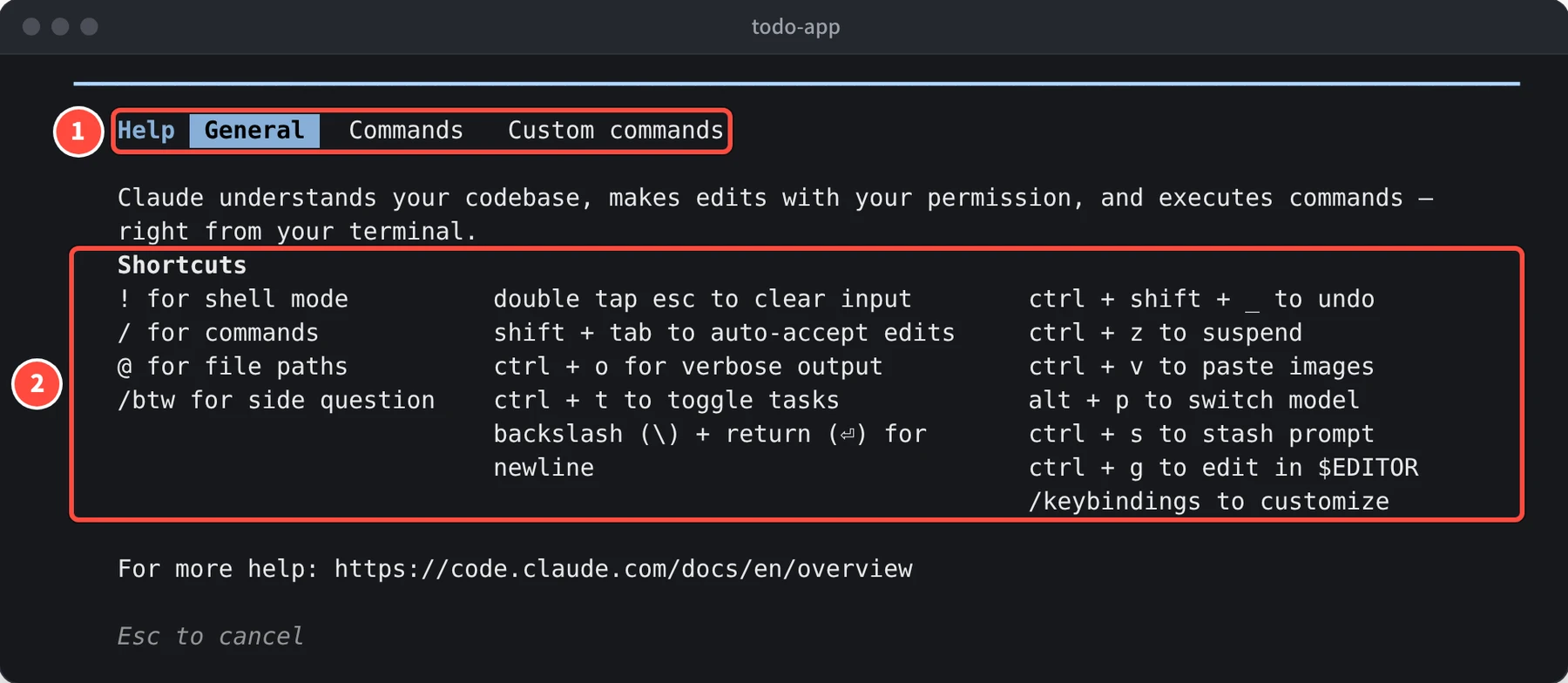 Help の画面の General タブに、Shortcuts として ! for shell mode、/ for commands、@ for file paths、double tap esc to clear input などが並んでいる