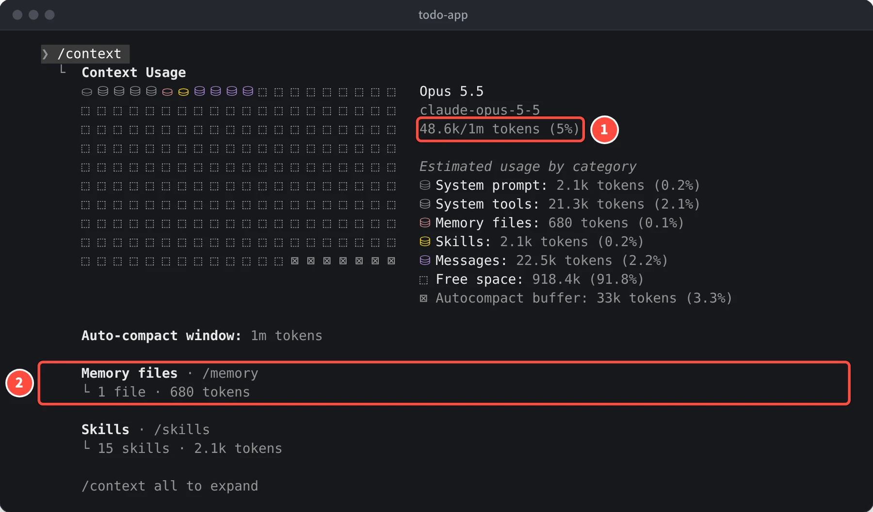 Context Usage の画面に Opus 5.5、48.6k/1m tokens (5%) と内訳が表示され、下に Memory files · /memory 1 file · 680 tokens と表示されている