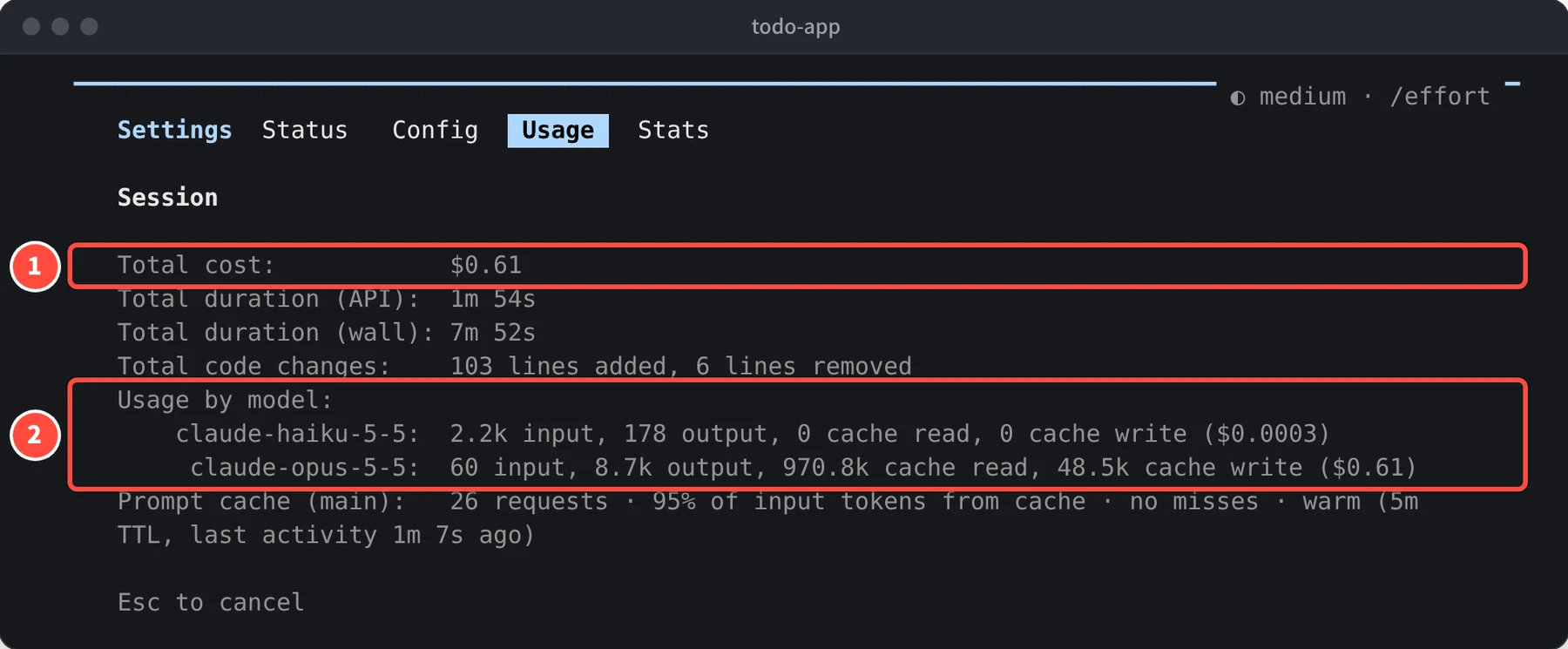 Settings の Usage タブに、Session として Total cost: $0.61、Total duration、Total code changes、Usage by model が表示されている