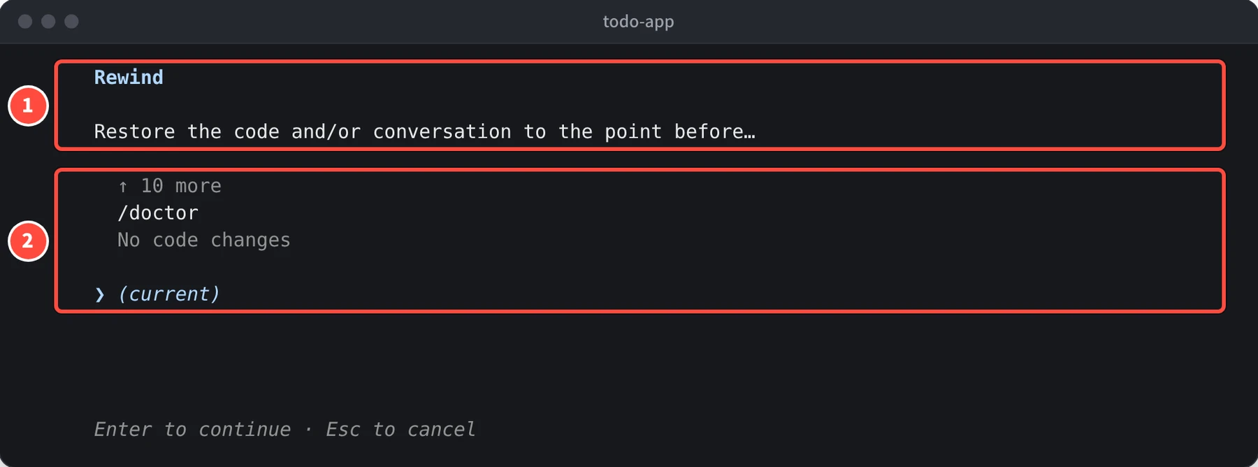 Rewind の画面に Restore the code and/or conversation to the point before… と表示され、↑ 10 more、/doctor No code changes、(current) が並んでいる