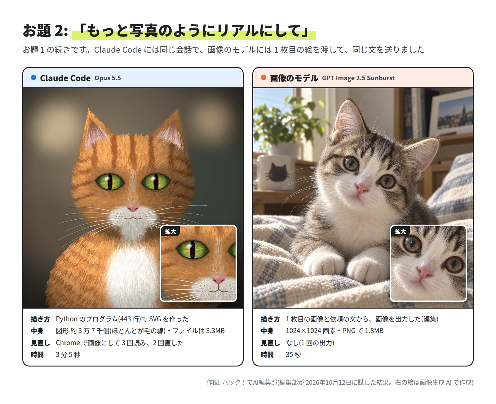左は、細い線を重ねた毛並みの茶トラの猫の絵。緑の目で、背景はぼかした室内。図形 約 3 万 7 千個・3.3MB・3 分 5 秒。右は、1 枚目と同じ構図の写真のような子猫。1024×1024 画素・1.8MB・35 秒