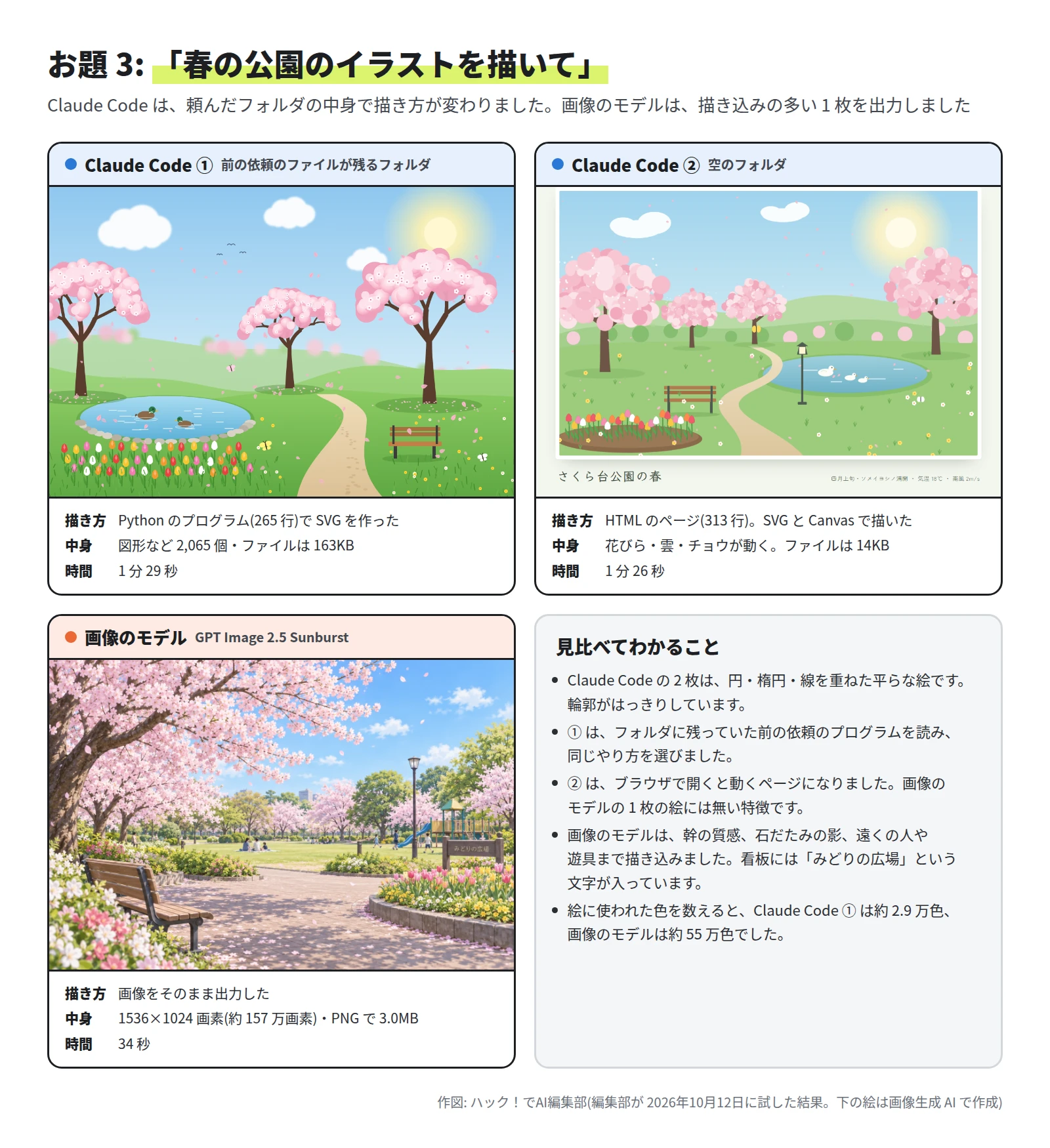 ① は桜の木 3 本・池とカモ・チューリップ・ベンチのある平らな絵。② は額に入ったような公園の絵で、下に「さくら台公園の春」という題。画像のモデルの絵は、手前に桜の枝とベンチ、奥に芝生・人・遊具があり、看板に「みどりの広場」と書かれている