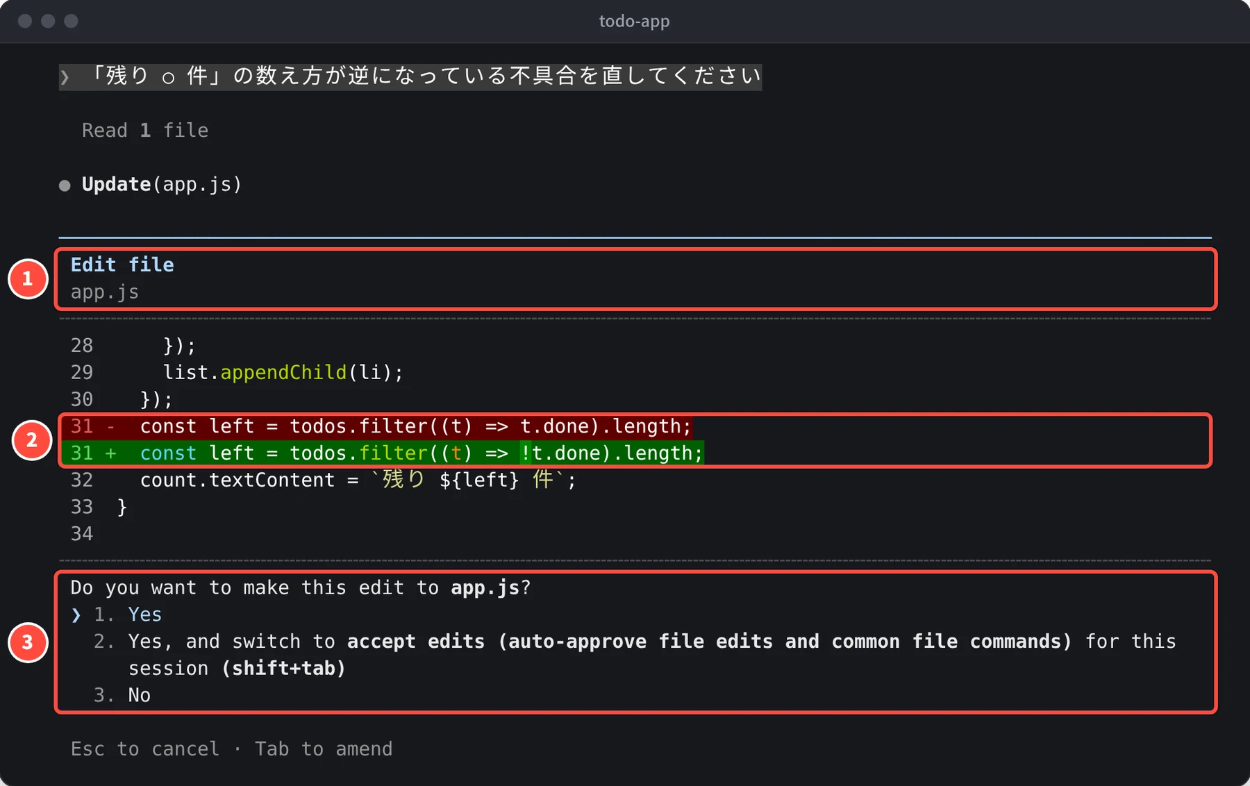 Edit file app.js の下に、31 行目の const left = todos.filter((t) => t.done).length; を !t.done に変える差分があり、Do you want to make this edit to app.js? と、1. Yes、2. Yes, and switch to accept edits、3. No の選択肢が表示されている