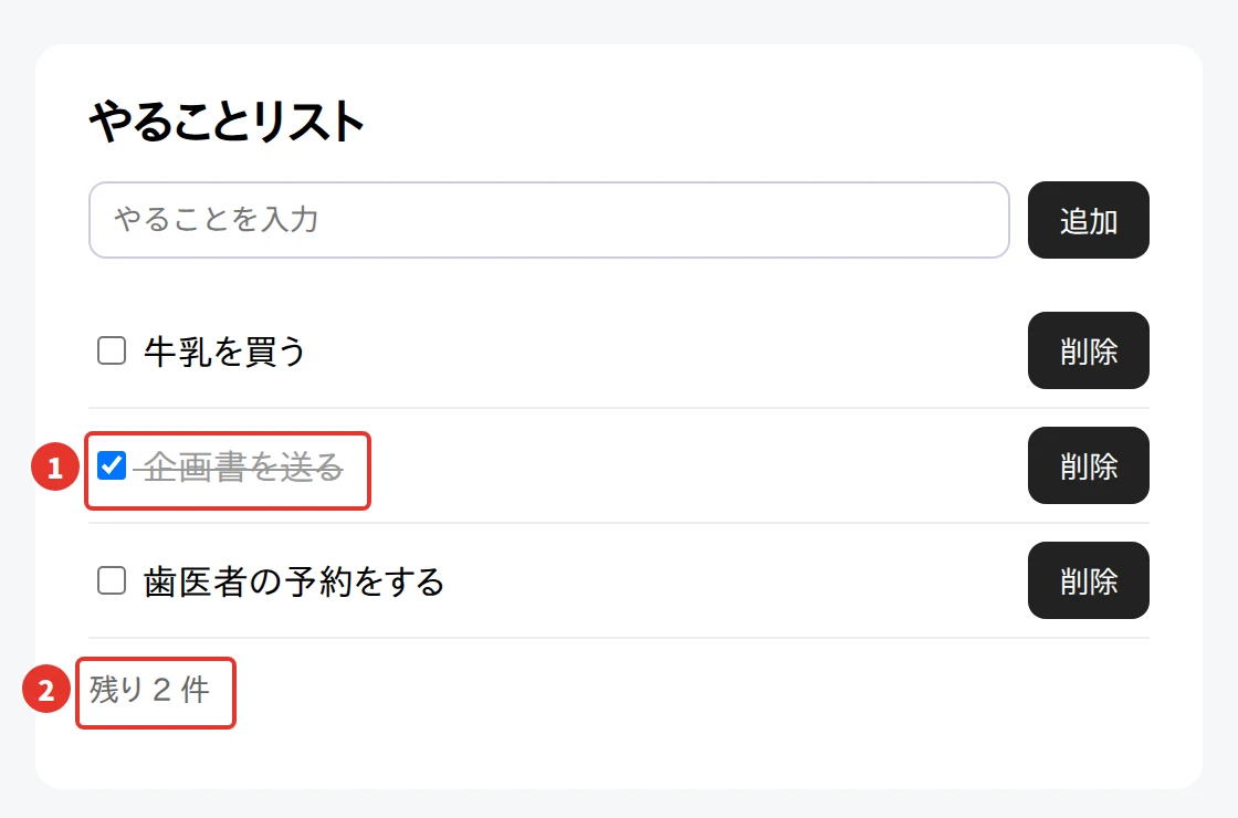 やることリストに 3 件あり、「企画書を送る」に完了のチェックが入っていて、下に「残り 2 件」と表示されている