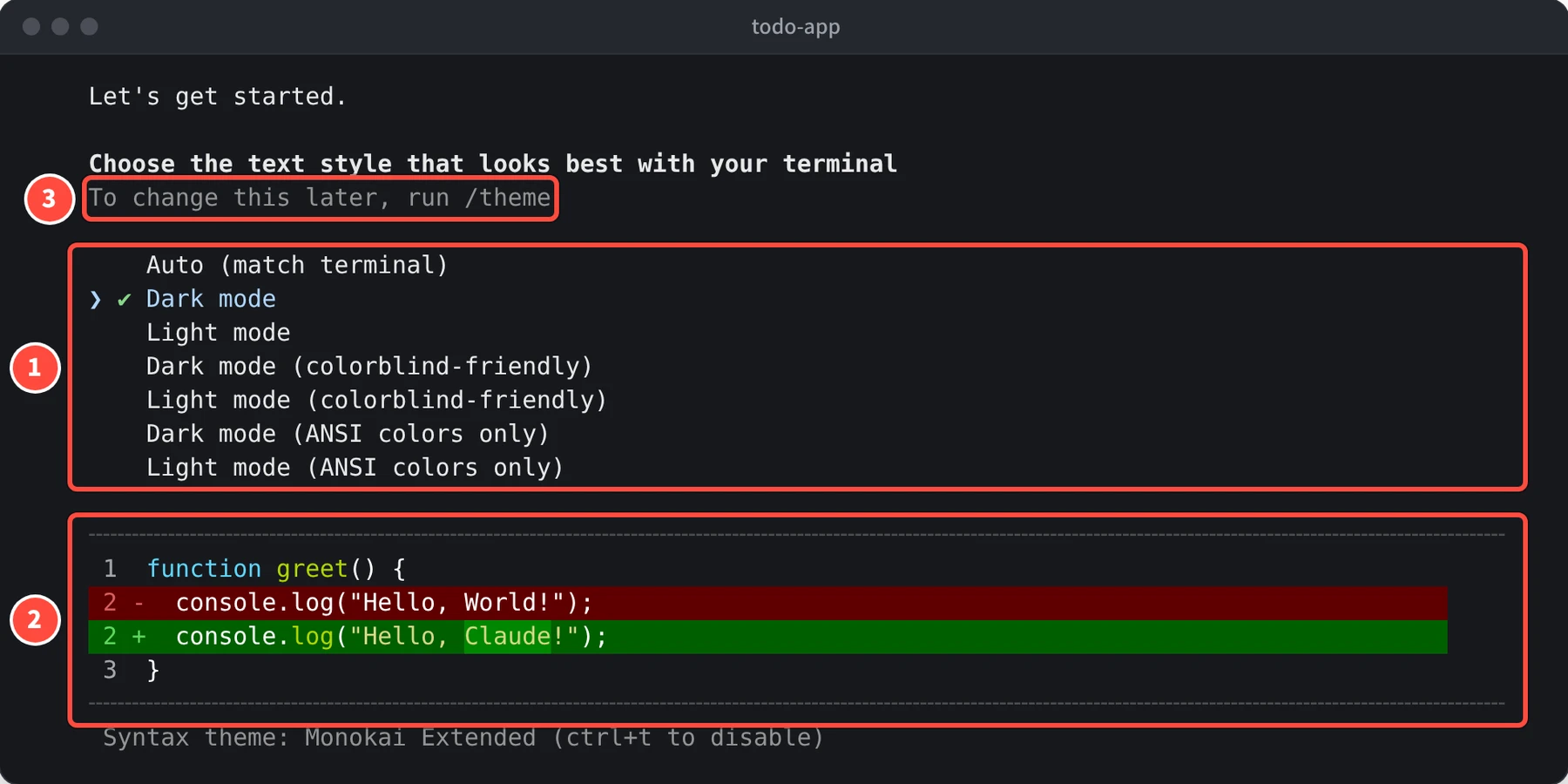 Let's get started. Choose the text style that looks best with your terminal の下に、Auto (match terminal)、Dark mode、Light mode などの一覧と、コードの変更の見本が表示されている
