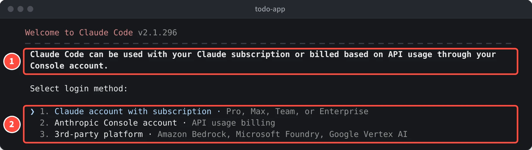 Select login method: の下に、1. Claude account with subscription · Pro, Max, Team, or Enterprise、2. Anthropic Console account · API usage billing、3. 3rd-party platform · Amazon Bedrock, Microsoft Foundry, Google Vertex AI の 3 つが表示されている