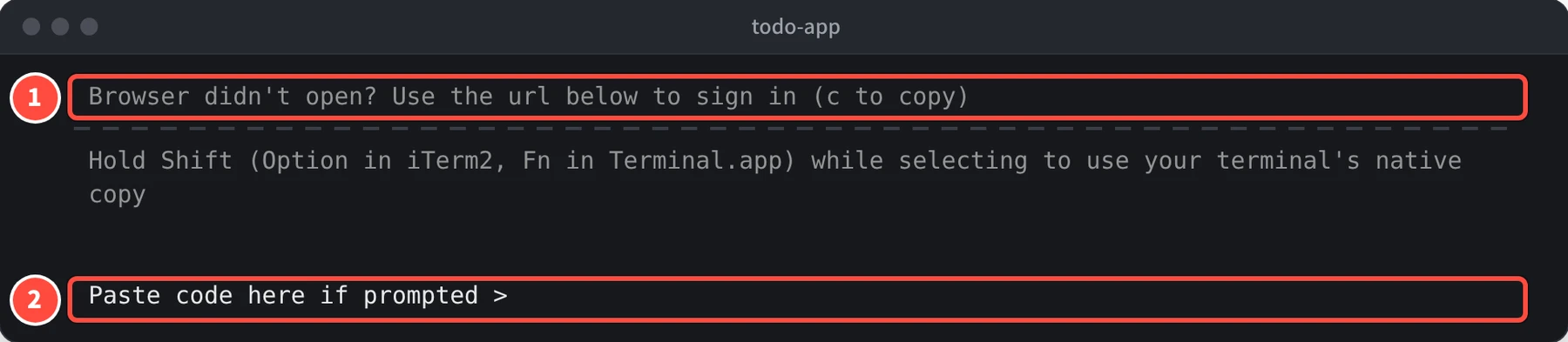 Browser didn't open? Use the url below to sign in (c to copy) と表示され、下に Paste code here if prompted > の入力欄がある