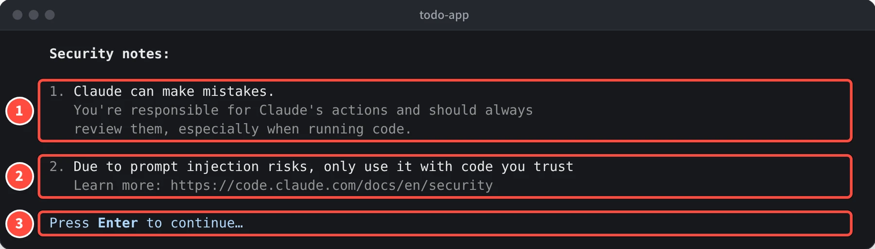 Security notes: 1. Claude can make mistakes. 2. Due to prompt injection risks, only use it with code you trust と、Press Enter to continue… が表示されている