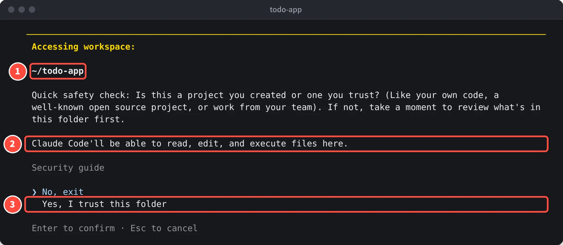 Accessing workspace: ~/todo-app の下に、Quick safety check の説明と Claude Code'll be able to read, edit, and execute files here. があり、No, exit と Yes, I trust this folder の選択肢が表示されている