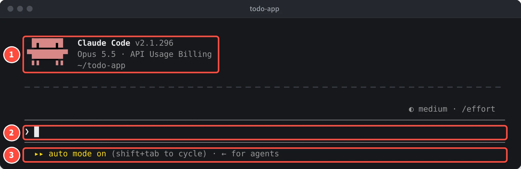 Claude Code v2.1.296、Opus 5.5 · API Usage Billing、~/todo-app の表示と、入力欄、auto mode on (shift+tab to cycle) の表示