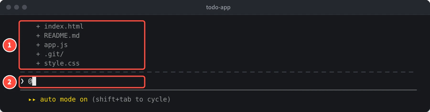 入力欄に @ と入力され、その上に index.html・README.md・app.js・.git/・style.css の候補が表示されている