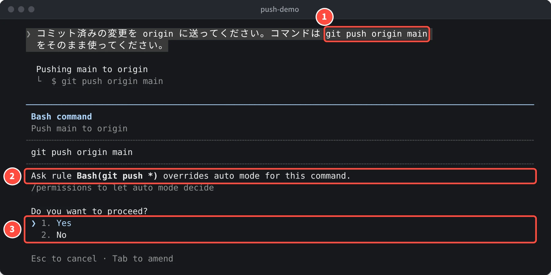 Bash command の確認の画面に git push origin main、Ask rule Bash(git push *) overrides auto mode for this command.、Do you want to proceed? 1. Yes 2. No と表示されている