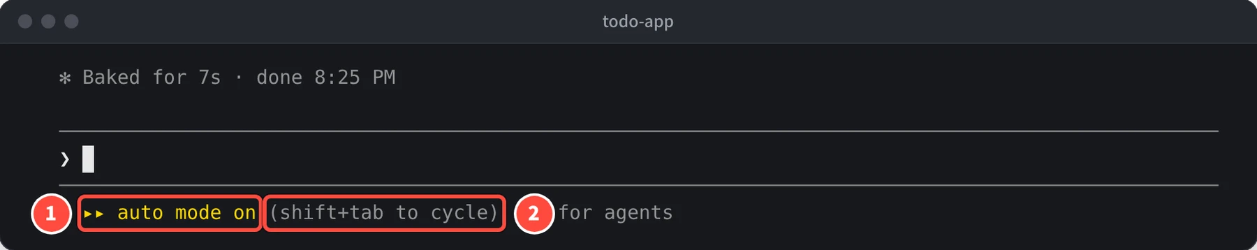 入力欄の下に auto mode on (shift+tab to cycle) と表示されている