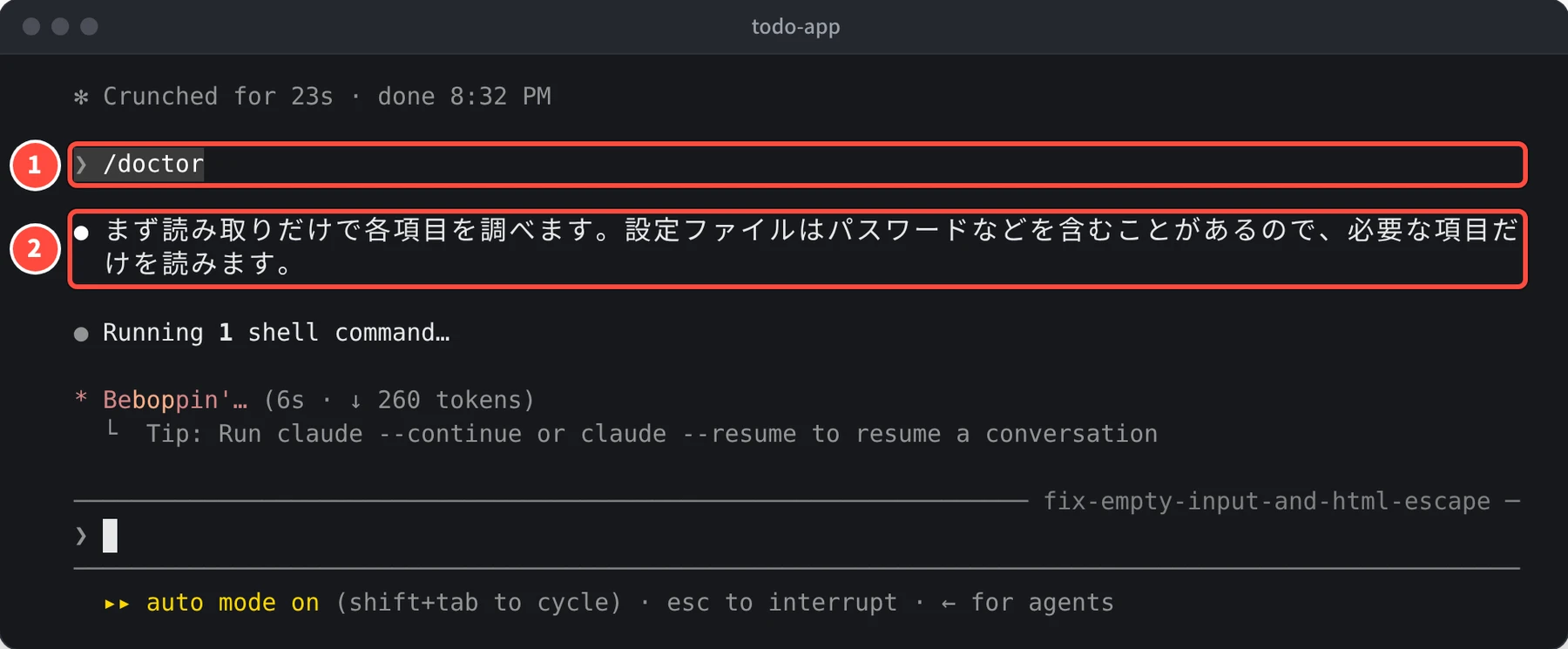 /doctor と入力したあと、まず読み取りだけで各項目を調べます、という説明が表示されている