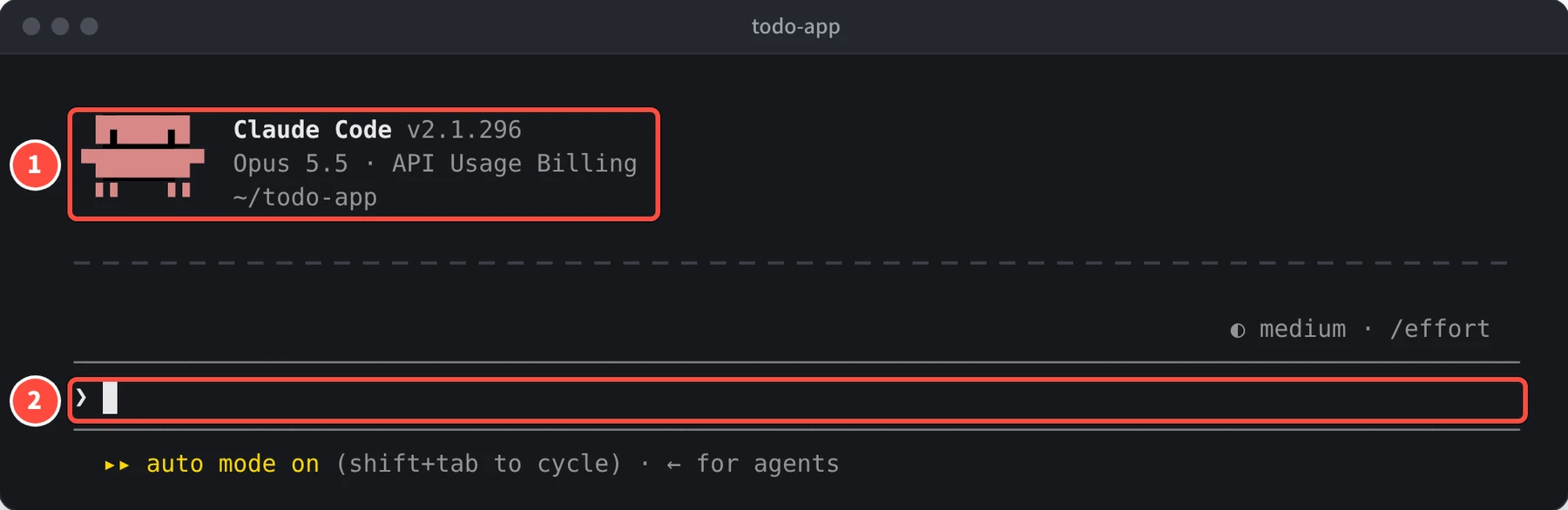 Claude Code v2.1.296、Opus 5.5 · API Usage Billing、~/todo-app と表示され、その下に入力欄がある