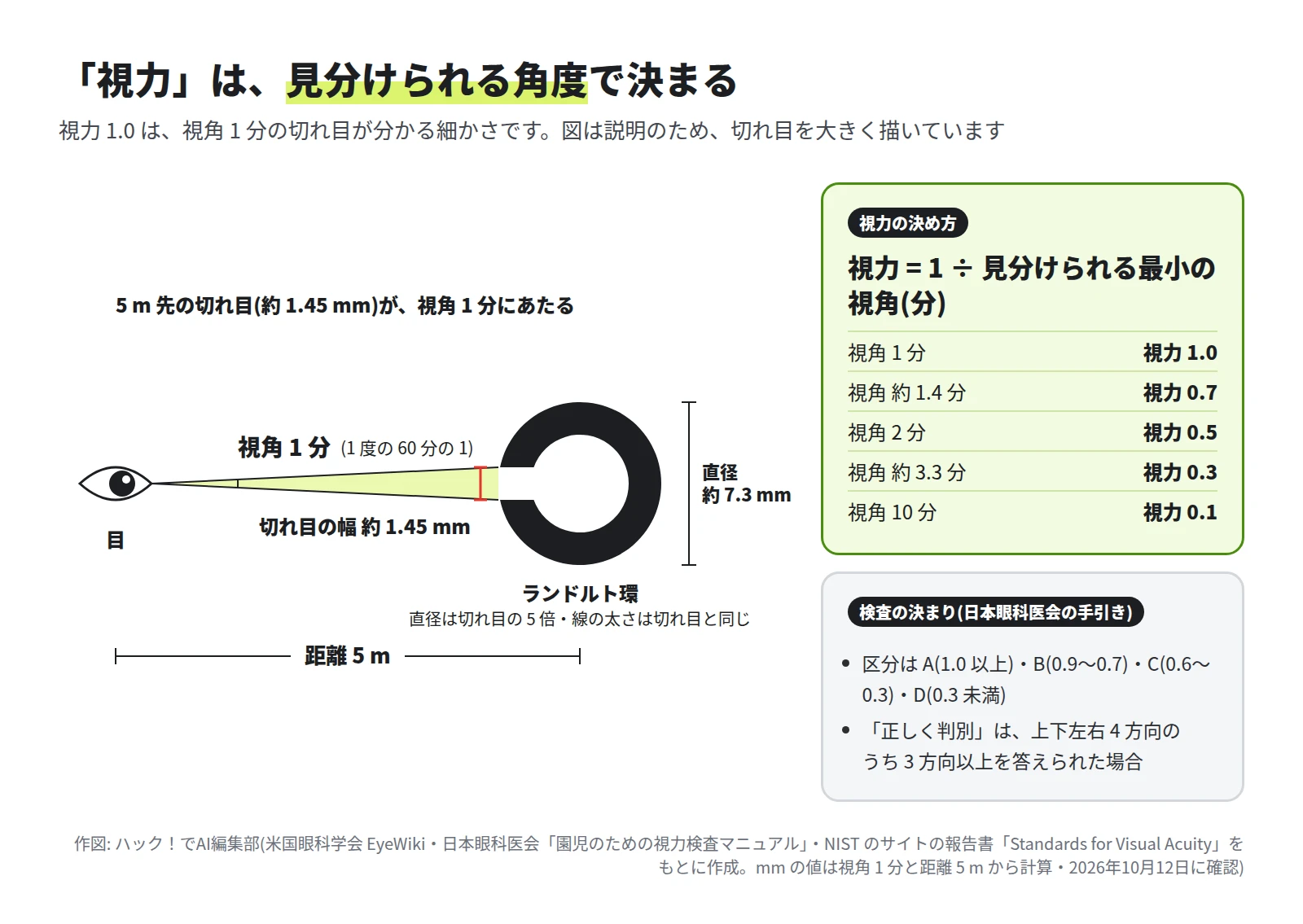 目から 5 m 先のランドルト環を見る図。切れ目の幅は約 1.45 mm で視角 1 分、環の直径は約 7.3 mm。右に、視角 1 分は視力 1.0、2 分は 0.5、10 分は 0.1 の表と、区分 A から D、4 方向のうち 3 方向以上で正しく判別という決まり