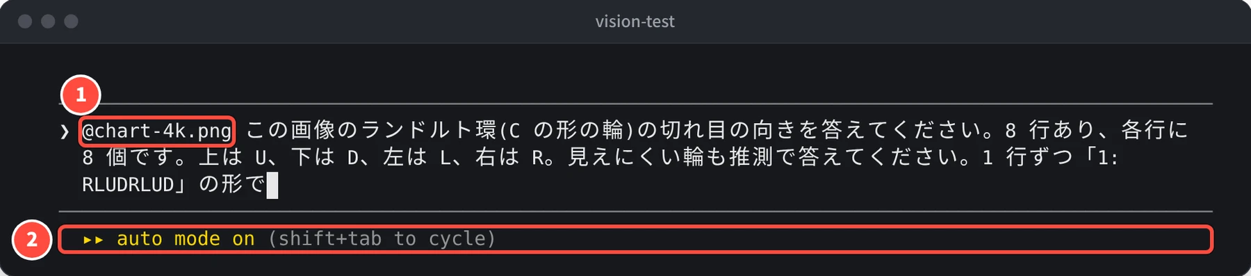 Claude Code の入力欄に、@chart-4k.png この画像のランドルト環(C の形の輪)の切れ目の向きを答えてください、という依頼が入力されている。下に auto mode on の表示