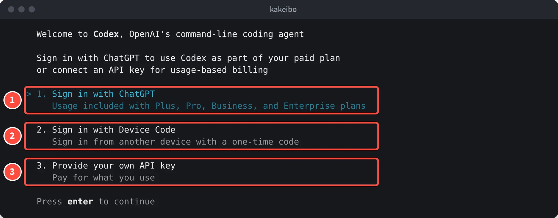 Welcome to Codex の画面に、1. Sign in with ChatGPT、2. Sign in with Device Code、3. Provide your own API key の 3 つが説明つきで並んでいる