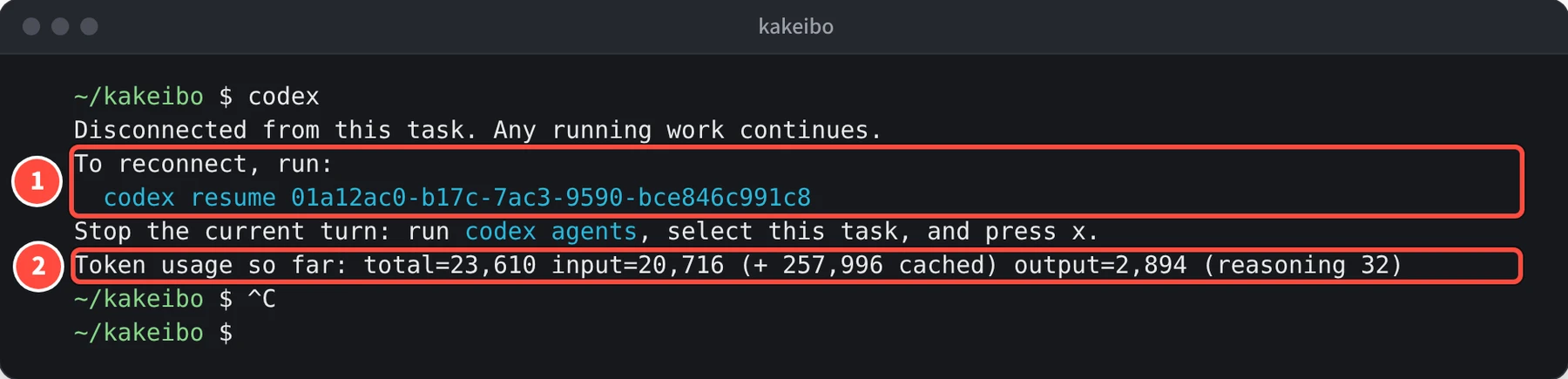 Disconnected from this task. Any running work continues. のあとに、To reconnect, run: codex resume 01a12ac0-… と、Token usage so far: total=23,610 … が表示されている