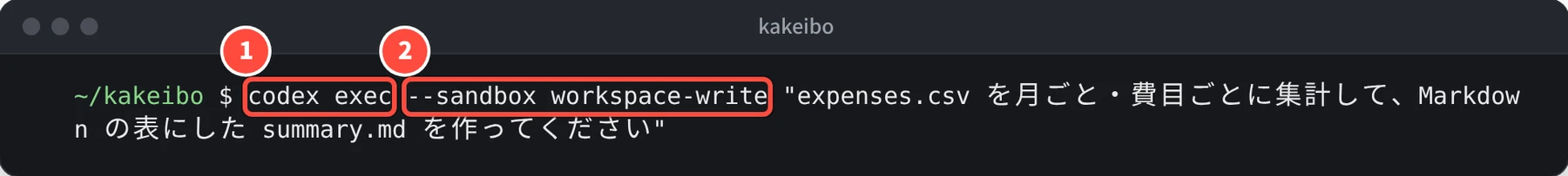 ターミナルで codex exec --sandbox workspace-write に続けて、expenses.csv を月ごと・費目ごとに集計して、Markdown の表にした summary.md を作ってください と入力している