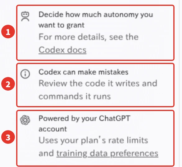 Decide how much autonomy you want to grant、Codex can make mistakes、Powered by your ChatGPT account の 3 つの説明が並んでいる