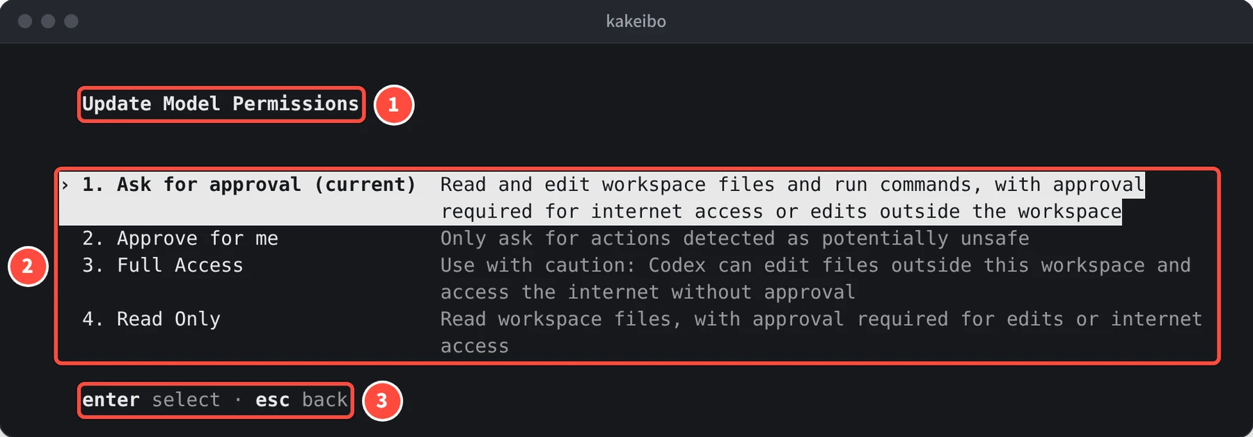Update Model Permissions の画面に、1. Ask for approval (current)、2. Approve for me、3. Full Access、4. Read Only が説明つきで並んでいる