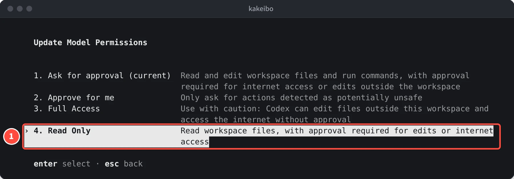 Update Model Permissions の画面で、4. Read Only の行が明るく表示され、先頭に › が付いている