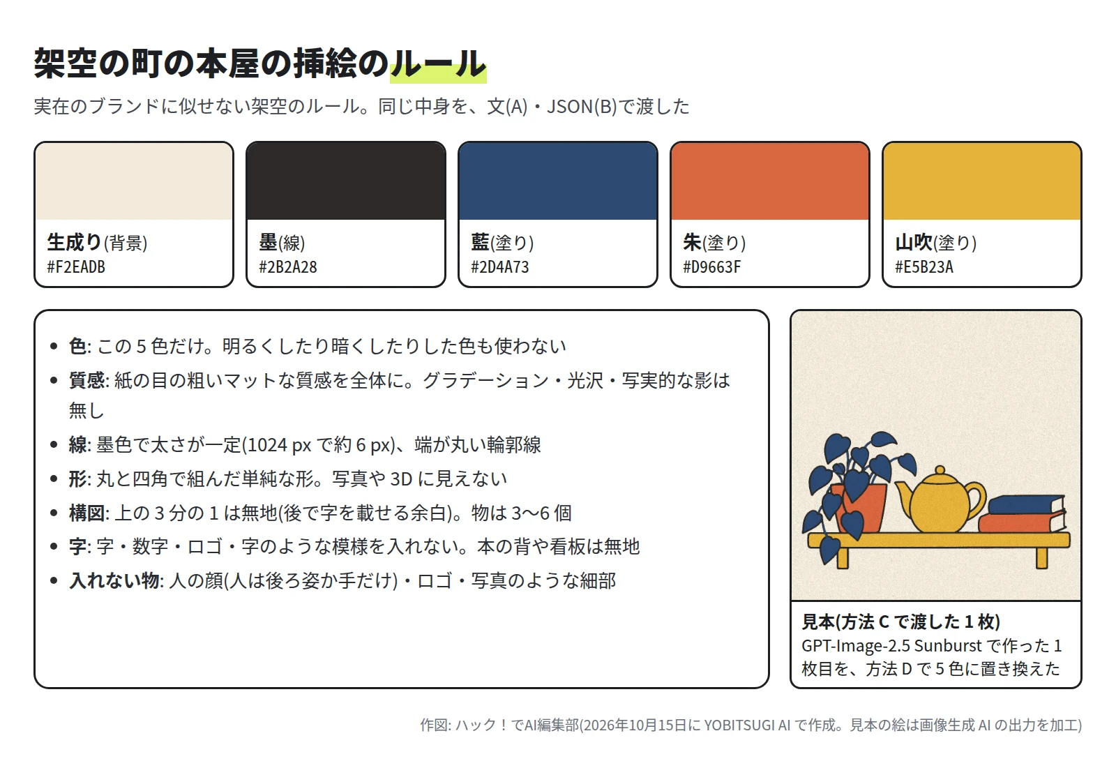 5 色の色見本。生成り #F2EADB(背景)、墨 #2B2A28(線)、藍 #2D4A73、朱 #D9663F、山吹 #E5B23A(塗り)。その下にルールの 7 項目。色はこの 5 色だけ、質感は紙の目の粗いマットな質感でグラデーション・光沢・写実的な影は無し、線は墨色で太さが一定、形は単純で写真や 3D に見えない、構図は上の 3 分の 1 を無地に、字は入れない、人の顔・ロゴ・写真のような細部は入れない。右に見本の絵。低い棚の上に鉢植えとティーポットと重ねた本 2 冊