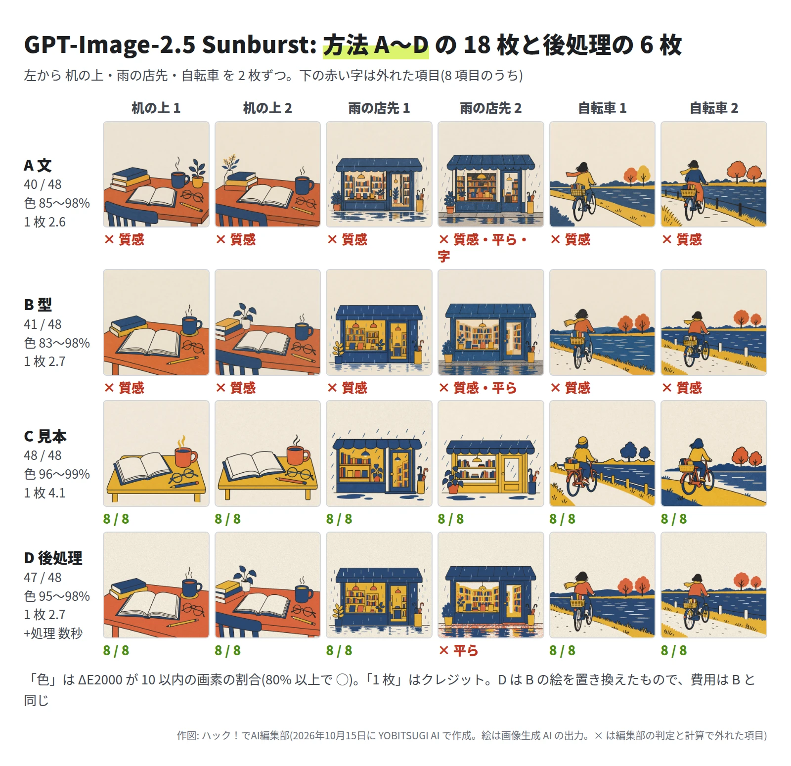 4 段 6 列の絵。A 文は 40 / 48 で、6 枚とも質感が ×、雨の店先 2 は平らと字も ×。B 型は 41 / 48 で、6 枚とも質感が ×、雨の店先 2 は平らも ×。机は朱、店は藍、自転車の人は後ろ姿。C 見本は 48 / 48 で、背景に紙の粒が出て、机は山吹の低い机になった。D 後処理は 47 / 48 で、雨の店先 2 の平らが ×