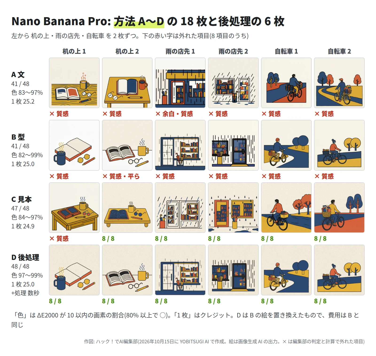 4 段 6 列の絵。A 文は 41 / 48 で、6 枚とも質感が ×、雨の店先 1 は建物が上まで描かれ余白も ×。B 型は 41 / 48 で、机の上 2 は眼鏡のレンズの反射で平らが ×。机の上 1 は背景が真っ白。C 見本は 47 / 48 で、机の上 1 だけ質感が ×。D 後処理は 48 / 48
