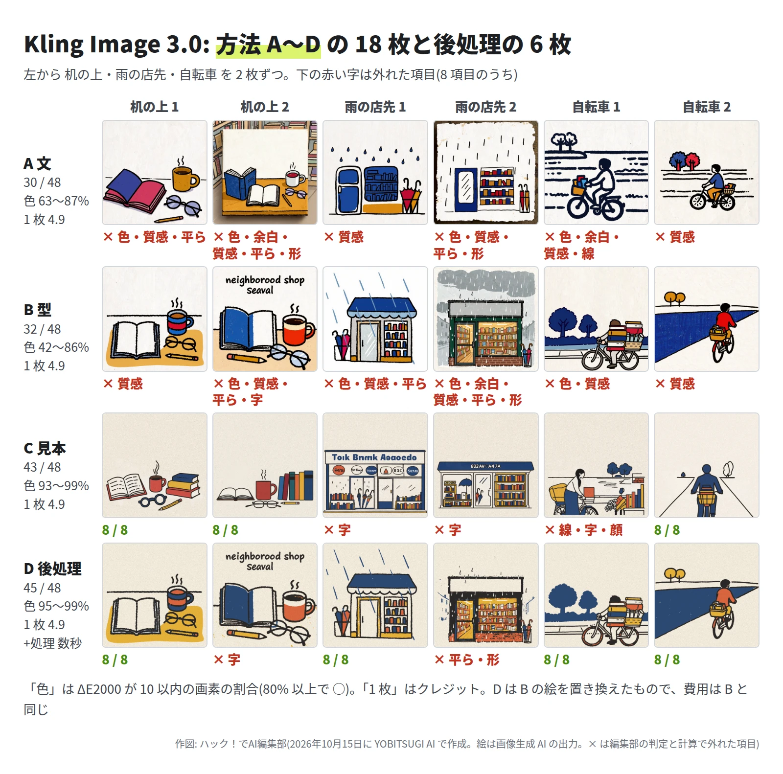 4 段 6 列の絵。A 文は 30 / 48 で、ルールに無いピンクや明るい青が多く、机の上 2 は本屋の写真の中に絵が置かれ、雨の店先 2 は破れた紙の写真になった。B 型は 32 / 48 で、机の上 2 に英字の題、雨の店先 2 は灰色の空と写真に近い店。C 見本は 43 / 48 で色は 93〜99% に入ったが、雨の店先 2 枚の看板に読めない英字と数字、自転車 1 は横顔の女性。D 後処理は 45 / 48 で、英字と写真に近い店は残った
