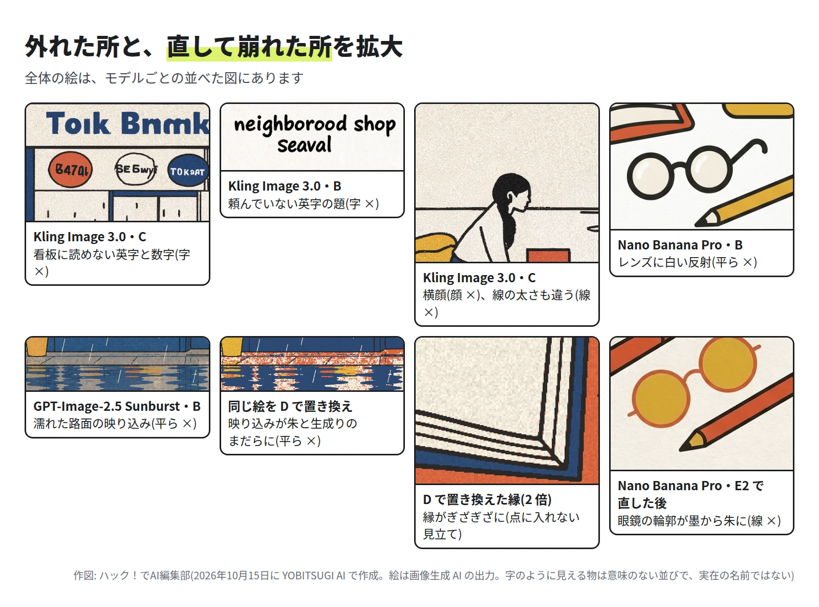 8 つの拡大。Kling Image 3.0 の C の看板に読めない英字と数字、B の頼んでいない英字の題、C の横顔の女性。Nano Banana Pro の B のレンズの白い反射。GPT-Image-2.5 Sunburst の B の濡れた路面の映り込みと、同じ絵を D で置き換えると映り込みが朱と生成りのまだらになった所。D で置き換えた縁がぎざぎざになった所。Nano Banana Pro を E2 で直した後、眼鏡の輪郭が墨から朱に変わった所