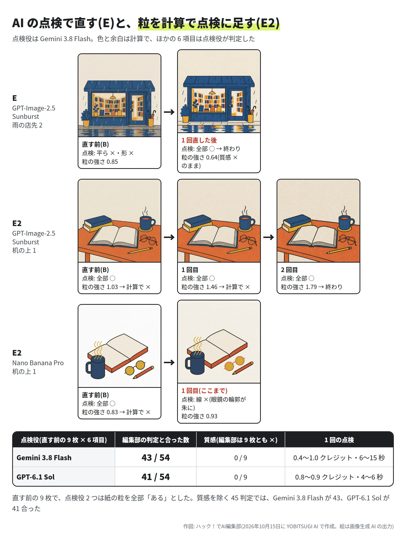 3 段の流れ。E の GPT-Image-2.5 Sunburst 雨の店先 2 は、直す前に点検で平ら × と形 ×、1 回直すと点検は全部 ○ で終わったが、粒の強さは 0.64 で質感 × のまま。E2 の机の上 1 は、粒の強さが 1.03 から 1 回目 1.46、2 回目 1.79 になって終わった。E2 の Nano Banana Pro 机の上 1 は、1 回直すと粒の強さ 0.93 のままで、眼鏡の輪郭が朱になり線が ×。下の表は、直す前の 9 枚 × 6 項目で編集部の判定と合った数。Gemini 3.8 Flash は 43 / 54、GPT-6.1 Sol は 41 / 54、質感はどちらも 0 / 9。1 回の点検は 0.4〜1.0 クレジット・6〜15 秒と、0.8〜0.9 クレジット・4〜6 秒