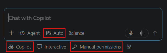 入力欄に Agent・Auto・Balance が並び、その下の段に Copilot・Interactive・Manual permissions がある。Auto・Copilot・Manual permissions が赤い枠で囲まれている