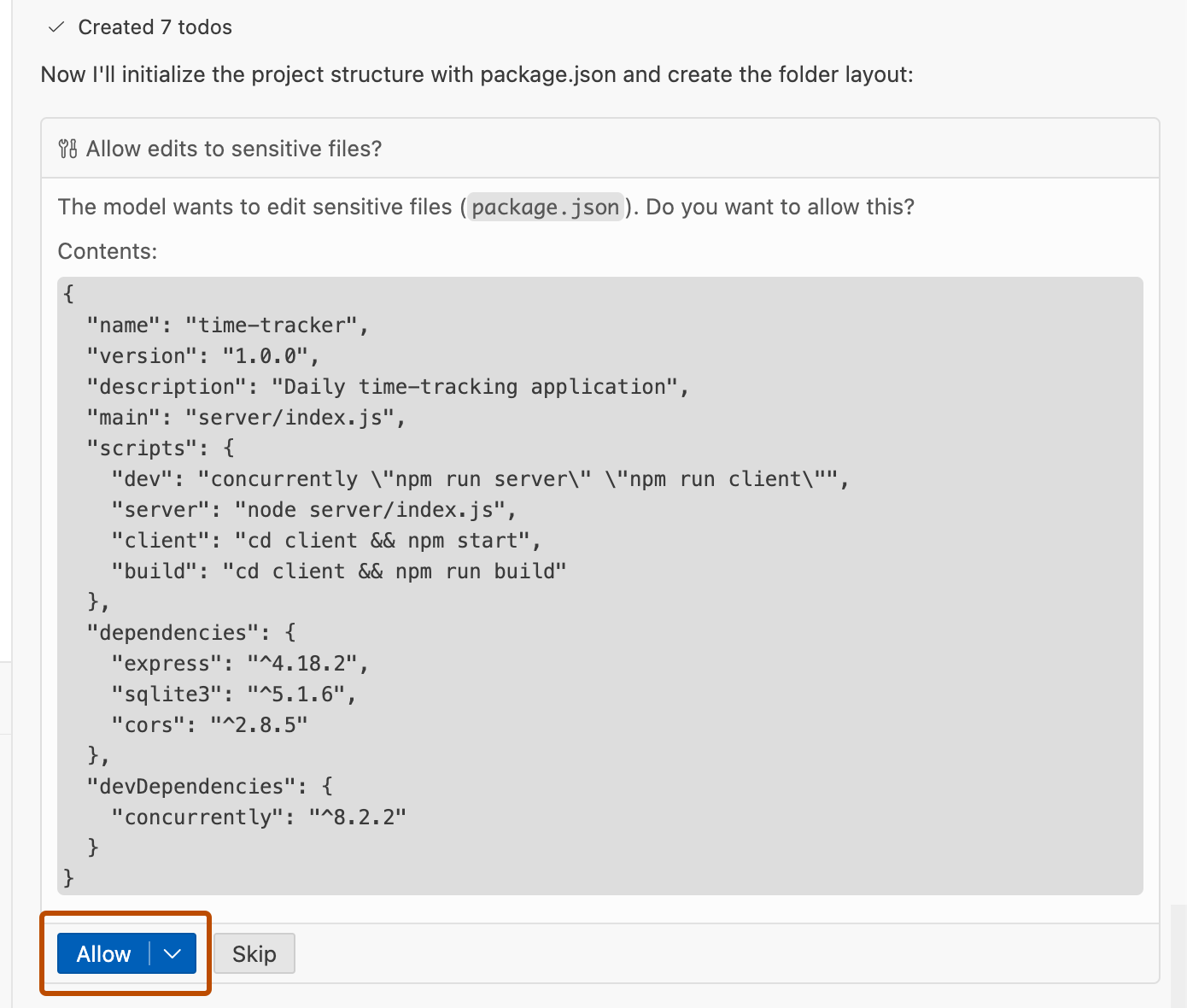 Allow edits to sensitive files? という見出しの下に、package.json に書き込む中身が表示され、いちばん下に Allow と Skip のボタンがある